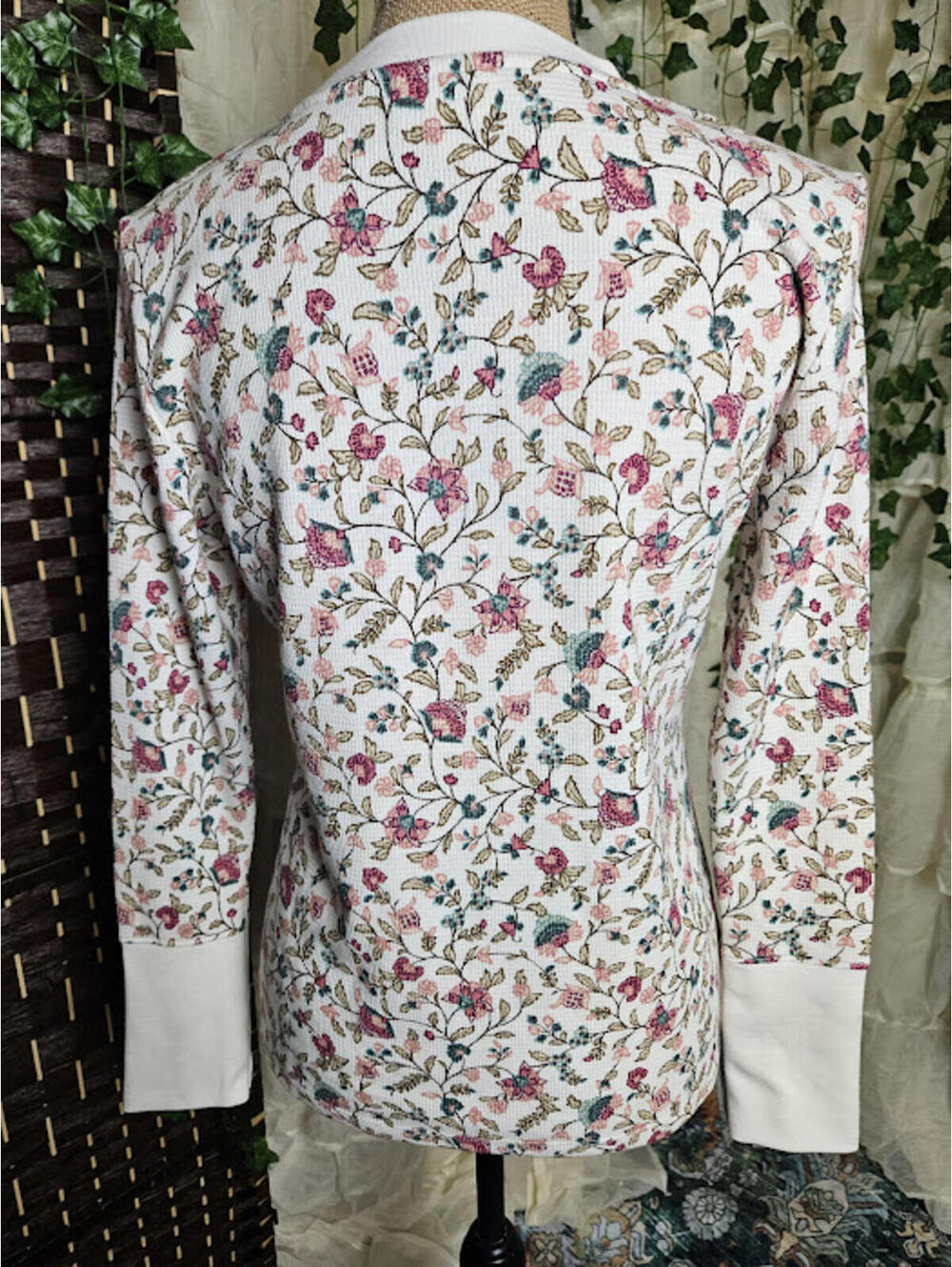 Wonderly Floral Waffle Knit Thermal Top Small Cottagecore Fairycore Long Sleeve - Picture 4 of 5